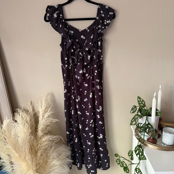 Monteau Los Angeles Black Floral Summer Midi Dress Micro Polka Dots Open Back - Picture 2 of 6